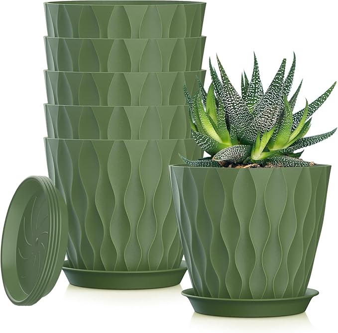 5 Inch Planter Pots, 6 Pack Indoor Planters, Small Flower Pots with Drainage Holes and Tray for Succulents, Orchids, Herbs and Other Indoor Plants (Green, 5inch)
