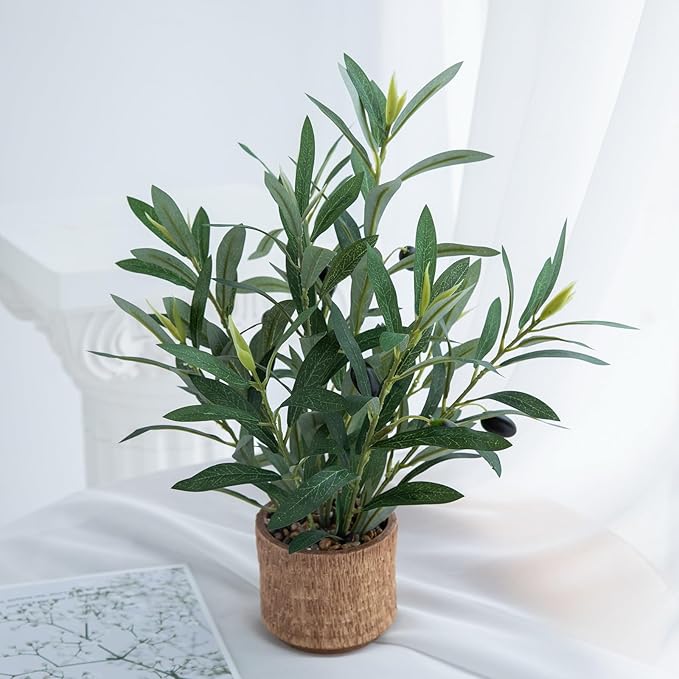 Indoor Fake Olive Plant 12 inch Faux Silk Leaves with Black Rustic Planter Medium Size Perfect Artificial Olive Fruits with Realistic Trunk and Lifelike Stems for Home and Office Decor