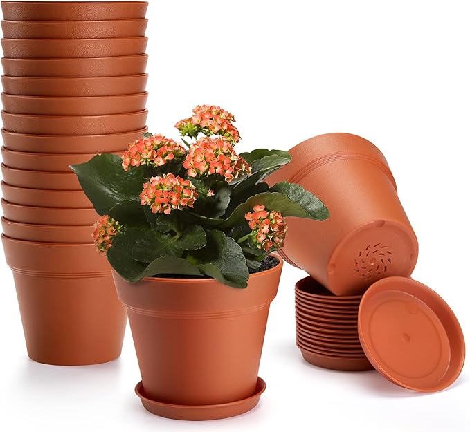 4 inch Plant Pots 16 Pack, Small Plant Pots with Drainage Holes and Tray, Thickened Indoor Planters Seedlings Pots for Flowers, African Violet, Succulent and All House Plants, Terracotta