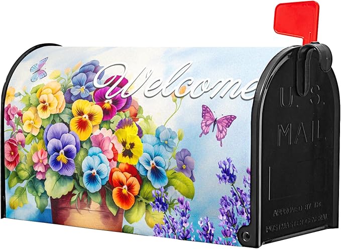 Welcome Spring Summer Magnetic Mailbox Cover - Standard Size 18 X 21 Inch With Flowers and Butterfly - Floral Wraps for Post Letter Box - Outdoor Garden Yard Home Outside Decoration