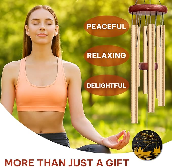 Personalized Gone Fishing Memorial Wind Chime – Gone Fishing in The Water Heaven Fisherman Design – Custom Name, Dates Outdoor Sympathy Gift for Men, Dad, or Grandpa – Memorial Garden Decor for Loss