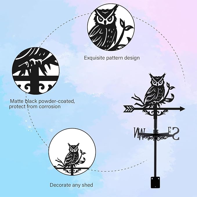Owl Weathervane Metal Wind Vane Weathercock Garden Decoration Wind Direction Indicator Stake Roof Mount Ornament for Farmhouse Yard Outdoor