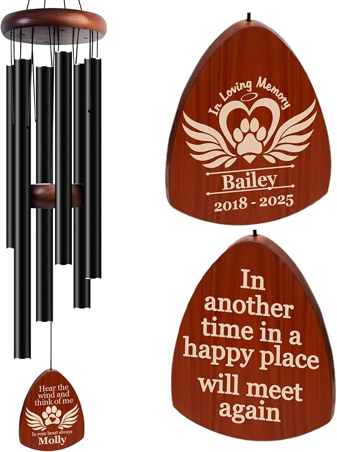 Personalized Pet Memorial Wind Chimes with Engraved Name, Custom Dog Wind Chimes Memorial Pet Loss Sympathy Gifts, Remembrance Chimes, Sympathy Gift for Dogs, Cats - Black