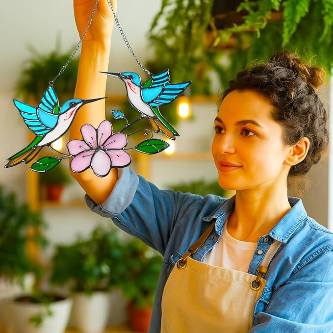Stained Glass Window Hanging, Duo-Humming Bird Style, Colorful Sun Catcher Panel for Indoor/Outdoor Décor, Garden & Coastal Ornament, Handmade Glass Wall Art Gift for Women and Mom & Bird Lovers