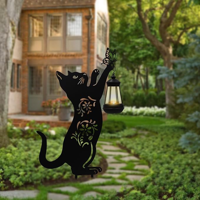 Solar Lights Outdoor Garden Decor - Metal Cat Holding Lantern Stake, Waterproof Solar-Powered Pathway Light for Yard, Pathway, Lawn, Patio - Unique Gift for Cat Lovers Halloween Christmas Garden Decor