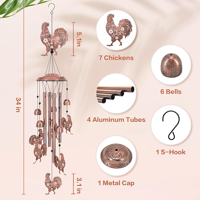 Christmas Gifts for Women Chicken Wind Chimes Outdoor Chicken Birthday Gifts for Men/Mom/Grandma Rooster Metal WindChimes Outside/Indoors, Lawn, Patio, Garden Decor, Yard Decorations
