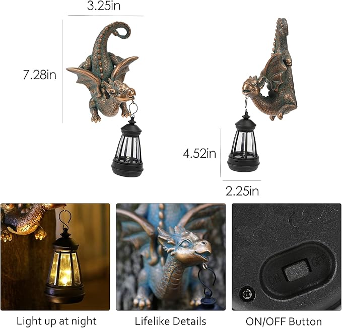 Garden Dragon Statue with Solar Light Outdoor Garden Decor for Outside Porch Patio Wall Tree Fence, Whimsical Yard Art Tree Hugger Decorations Figurine, Housewarming Gifts for Women Men Dragon Lovers