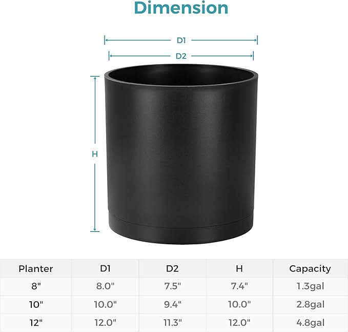 FaithLand 12-Inch Large Modern Cylinder Planter, Thick-Walled Plastic Plant Pot with Drainage Holes and Detachable Saucer, Matte Black, Ideal for Indoor & Outdoor Plants Flowers