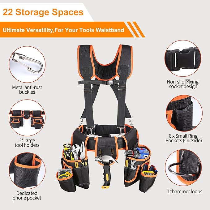 Tool Belt with Suspenders, Professional Tool Belt for Men, 18-Pocket Adjustable Heavy Duty Tool Organizer for Electrician, Carpenter, Framer, Construction Worker, Black & Orange (32''–66'')