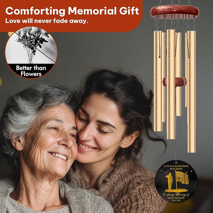 Personalized Military Memorial Wind Chime – “Always Remember Our Hero” Custom Soldier & Flag Design – Engraved Name & Years – Sympathy Gift for Veteran Families – Windchimes for Loss of Loved One