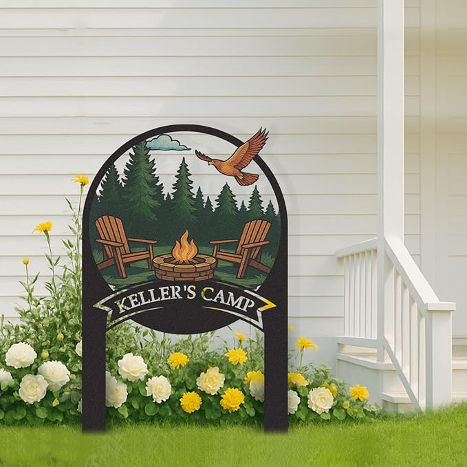 Personalized Camping Signs, Colorful Camping Decor for Outside, Customized Camp Name Sign with Stakes, Custom Signs Outdoor Metal, Metal Yard Art, Patio Decor, Gifts for Campers Color08