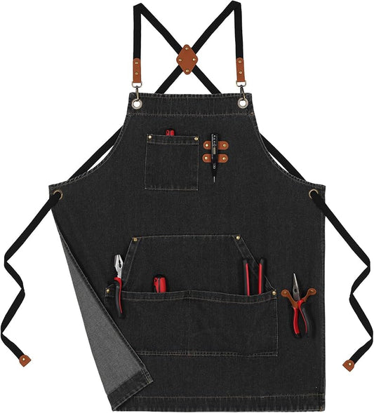 Denim Bbq Apron for Men Women with Pockets Adjustable Cross Back Chef Aprons for Kitchen Cooking Grilling Working