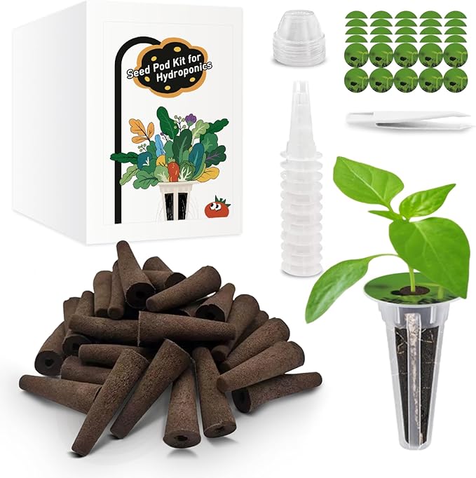 125 pcs Hydroponic Pods – Compatible with AeroGarden, iDOO Indoor Hydroponic Growing Systems. Includes: 50 Sponges, 50 Labels, 12 Baskets, 12 Clear Propagation Domes, +1 Plastic Tweezers