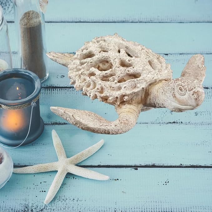 Coral Reef Sea Turtle Statue Beach Decorations for The Home Coastal Collection White 13 in x 11 in