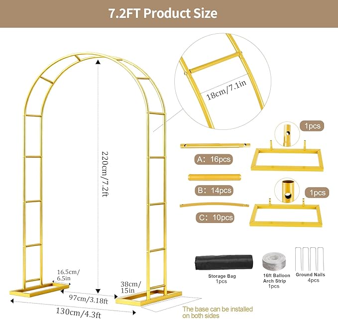 7.2FT Metal Wedding Arch Stand Gold Square Arched Backdrop Frame Metal Pergola Arbor with Base for Party Ceremony Birthday Bridal Baby Shower Garden Floral Balloon Arch Decoration