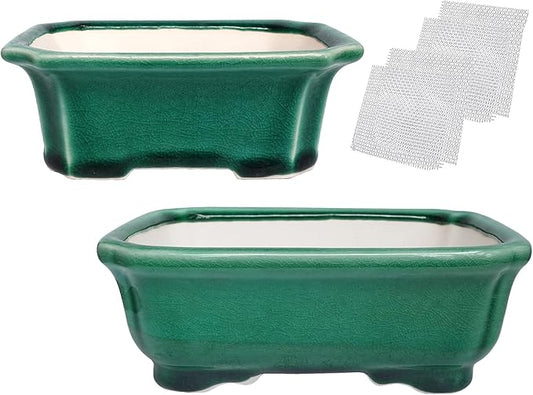 Set of 2 Zisha White Clay Bonsai Pot Glazed Shallow Succulent Planter Green