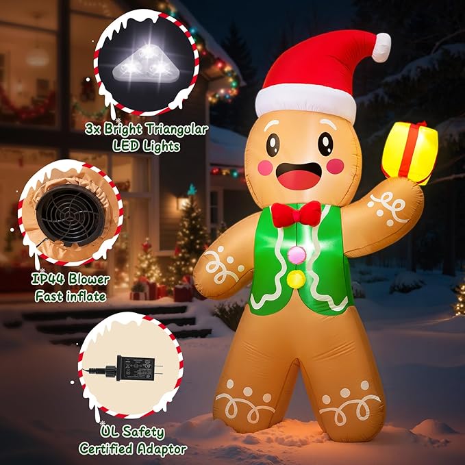 Christmas Inflatables Outdoor Decorations, 8 FT Gingerbread Large Blow Up Yard Decor with 3 LED Lights, Christmas Home Decor Party, Yard, Garden, Lawn Winter Decorations Ornaments