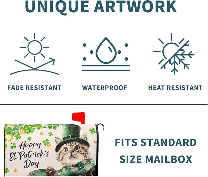 Patrick Cat Magnetic Mailbox Cover 25.5x21 Inch Happy St. Patrick's Day Clover Shamrocks Kitten Mailbox Wrap Post Cover Standard Size for Garden Yard Outdoor Outside Patio Holiday Decor