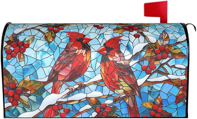 Giwawa Winter Cardinal Bird Mailbox Covers Red Birds on Holly Berry Branches Snow Mail Box Cover Magnetic Oversized 25.5 x 21 Stained Glass Christmas Mailbox Wrap Holiday Mailbox Xmas Decorations