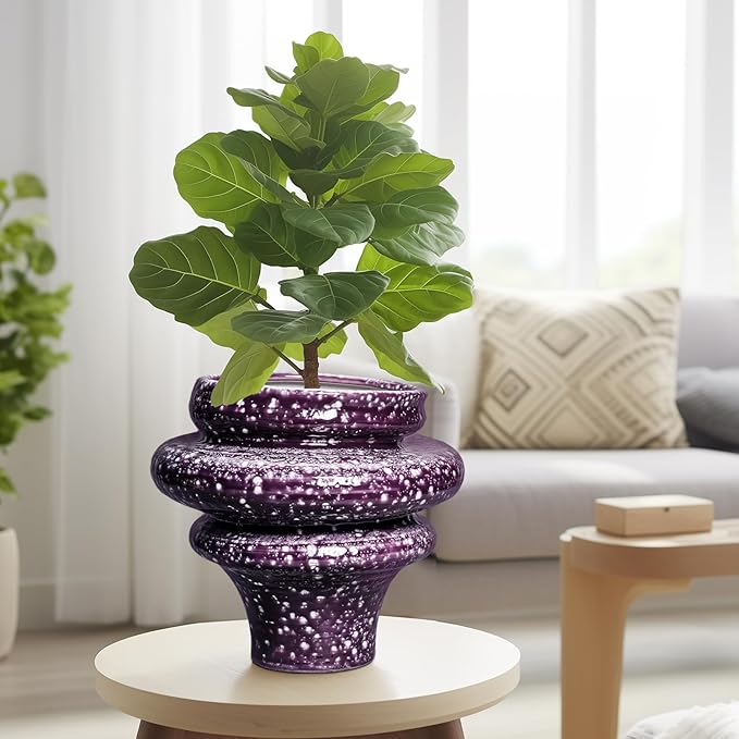 Ceramic Plant Pots - 11 Inch Ceramic Planters for Indoor Outdoor Plants, Large Unique Flower Pots with Drainage Hole, Decorative Planters, Home Decor, Plants Lover Gifts, Purple