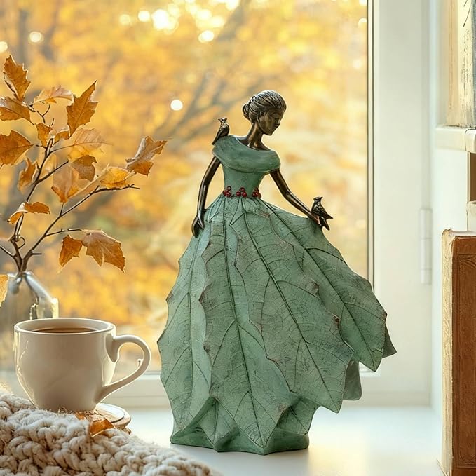 DiliComing Fairy Garden Statue Home Decoration - Outdoor Statue Table Decor for Living Room Garden Maiden Bookshelf Decor Xmas Resin Holly Leaves Maiden Green