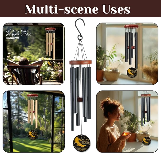 Personalized Skiing Memorial Wind Chime – “Skiing The Slopes of Heaven” Custom Engraved Name & Years – Tribute Gift for Ski Lovers – Windchime for Loss of Loved One – Mountain Remembrance Decor