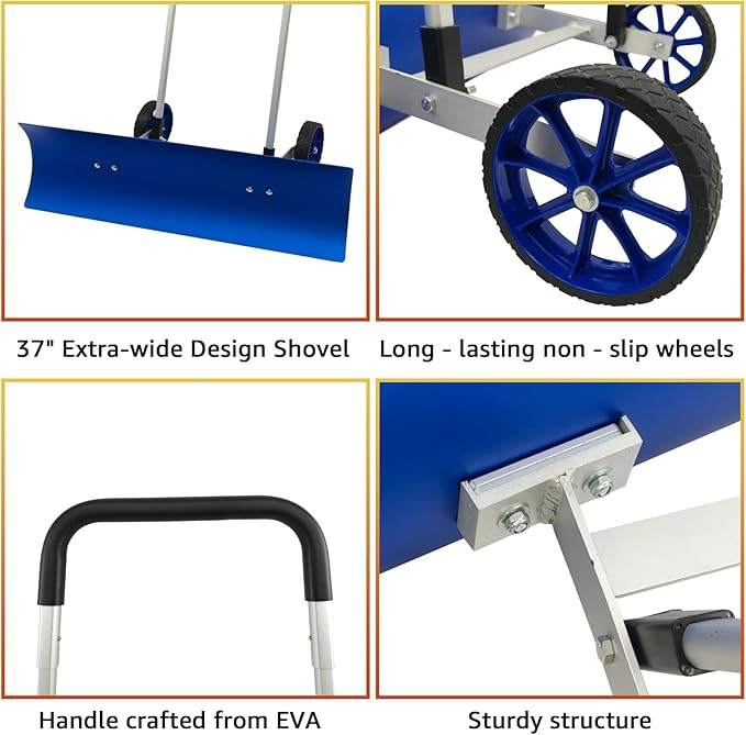37-inch Snow Pusher Shovel with Wheels, Lightweight Aluminum Alloy Snow Plow for Driveway & Sidewalks, Reversible & Angled Blade, 90° Ergonomic Handle for Efficient Snow Removal, Back Saver