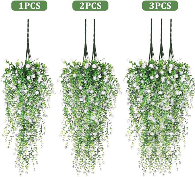 Artificial Hanging Flowers, 3 Pcs Fake Hanging Plants Decor, Artificial Vines for Outdoors, UV Resistant No Fade Artificial Fake Hanging for Indoor Decoration Outdoor Porch Courtyard (White)