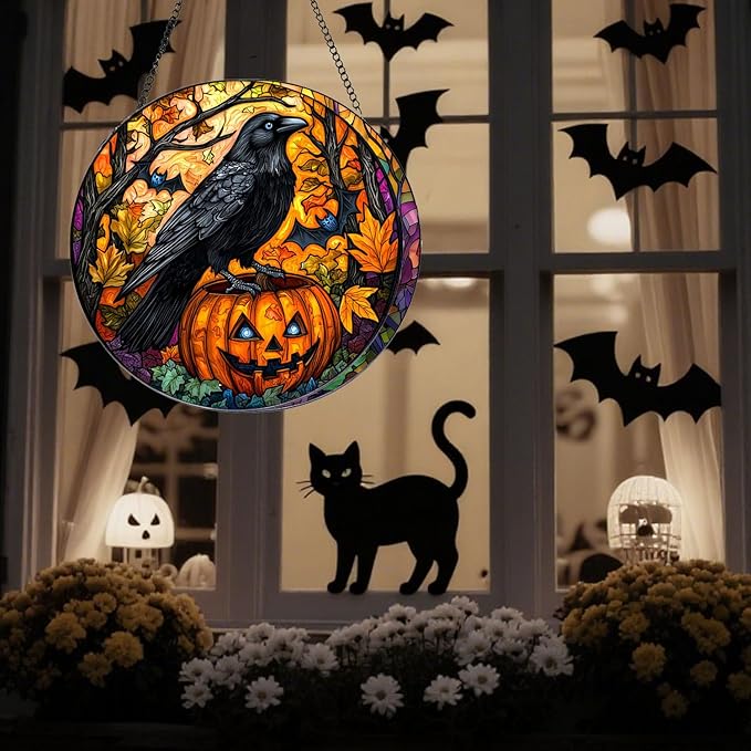 Crow Stained Glass Window Hanging,Halloween Window Decor, Fall Hanging Ornaments for Women Round Stained Glass Panels Ornaments for Fall Gift,Housewarming Gift, (B Style)