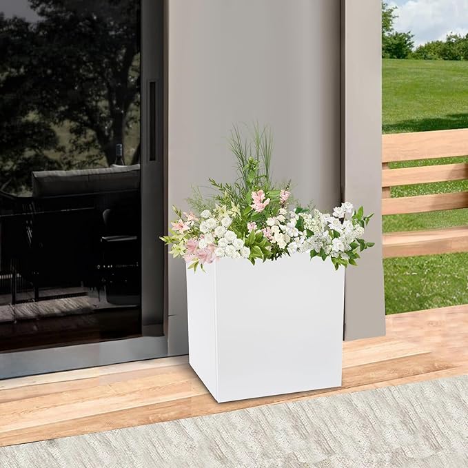 Metallic Heavy Planter Box, Large Metal Planter with Removable Insert Shelf for Outdoor/Indoor, Tall Trees, Plants, Flowers, Easy Assembly (White, 18 * 18 * 20inch)
