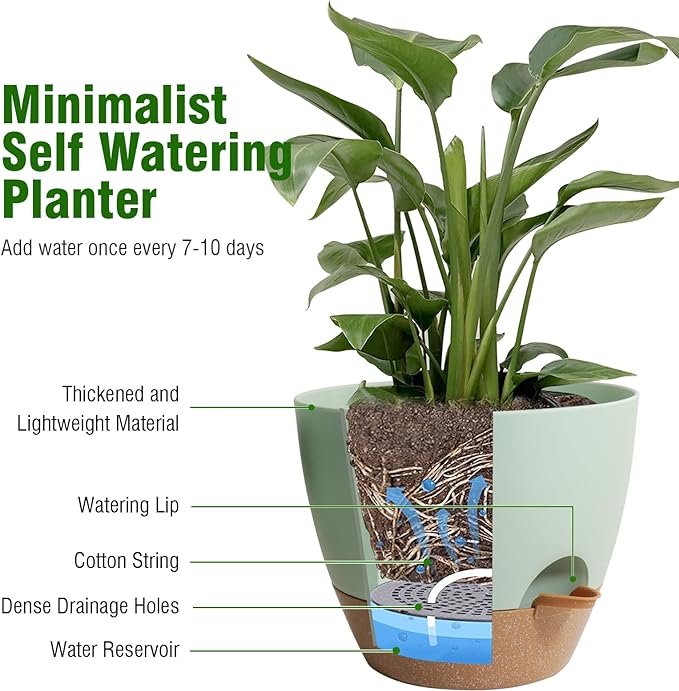 WOUSIWER 10 inch Self Watering Planters, 2 Pack Large Plastic Plant Pots with Deep Reservior and High Drainage Holes for Indoor Outdoor Plants and Flowers, Green with Terracotta