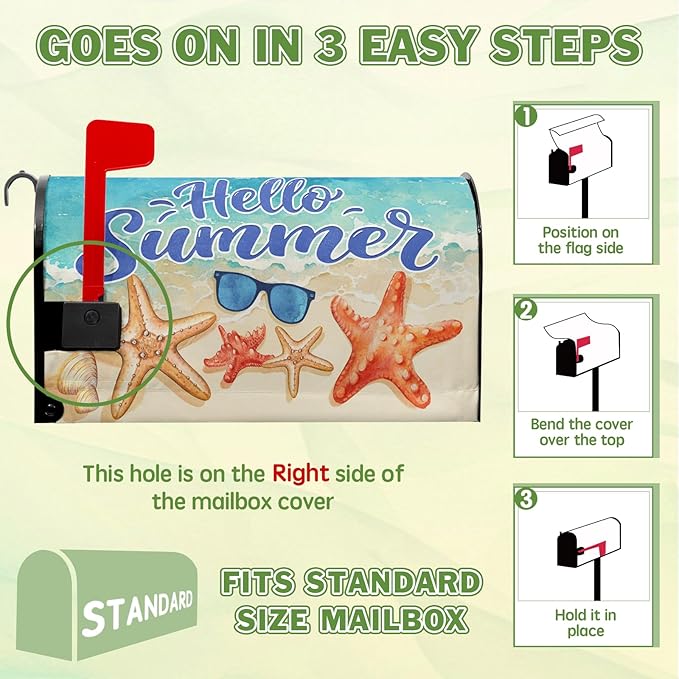 Hello Summer Mailbox Cover Beach Starfish Mail Box Covers Magnetic Standard Size Sunglasses Post Letter Box Cover Wrap 21x18 inch Mailbox Decorations for Outside Garden Yard