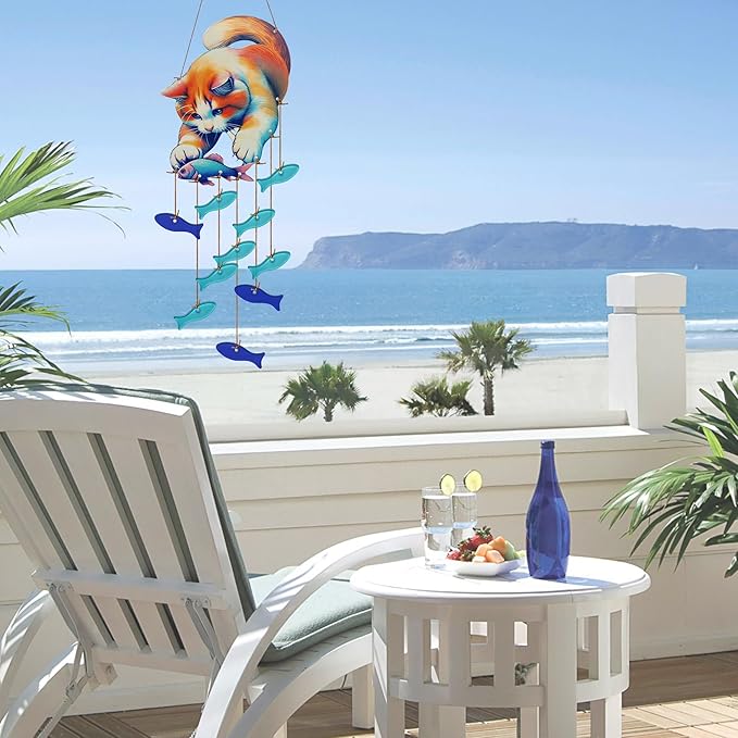 Cute Kitten Fish Wind Chimes for Outside, Handcrafted Windchimes Outdoors Unique,Suncatchers Sea Glass Art Windchimes Outdoors, Patio Beach Hanging Outdoor Home Garden Decor, Memorial Gifts for Women