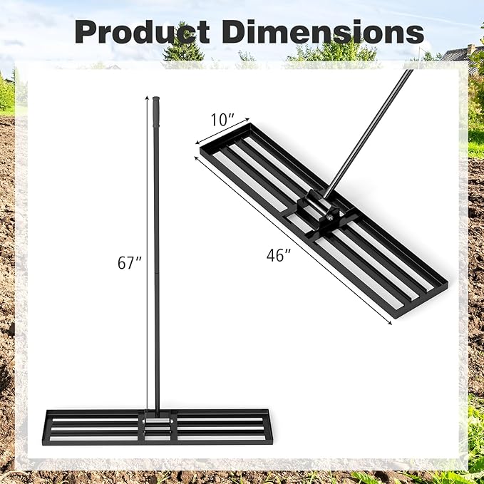 46" x 10" Lawn Leveling Rake, Heavy Duty Landscape Rake with 67" Handle, Non-Slip Grip & Flat Head, Space-Saving Lawn Level Tool for Garden, Backyard, Golf Course & Sports Field(Black)