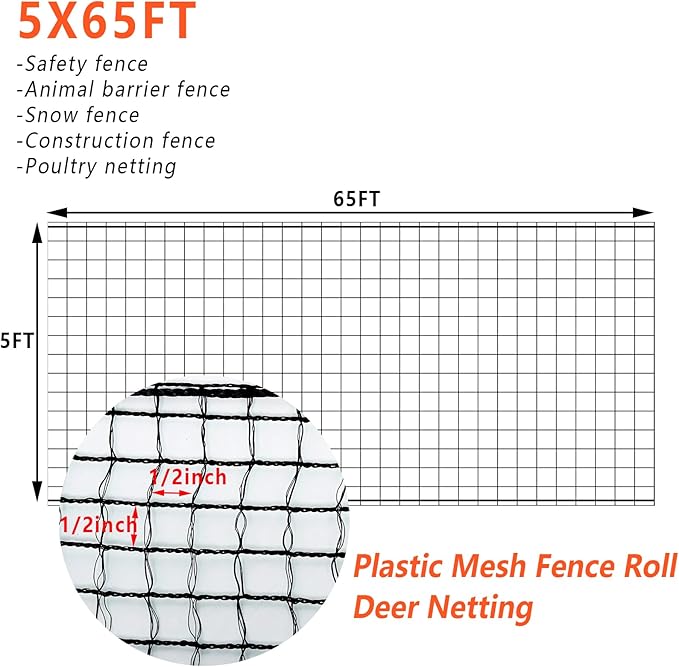 5'x65' Temporary Fence, Garden Fencing Plastic Mesh Fence, Animal Barrier for Dog, Deer, Chicken, Poultry, Deer, Rabbit, Black