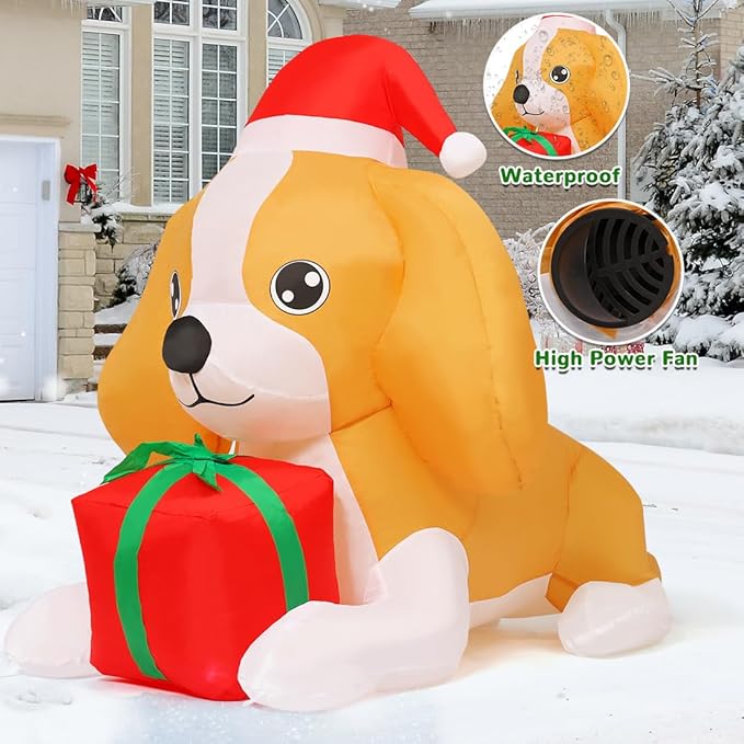 GOOSH 5 FT Long Christmas Inflatables Dog Outdoor Decorations Blow Up Yard Cute Puppy with a Box with Built-in LEDs for Xmas Garden Lawn Indoor Party Decor
