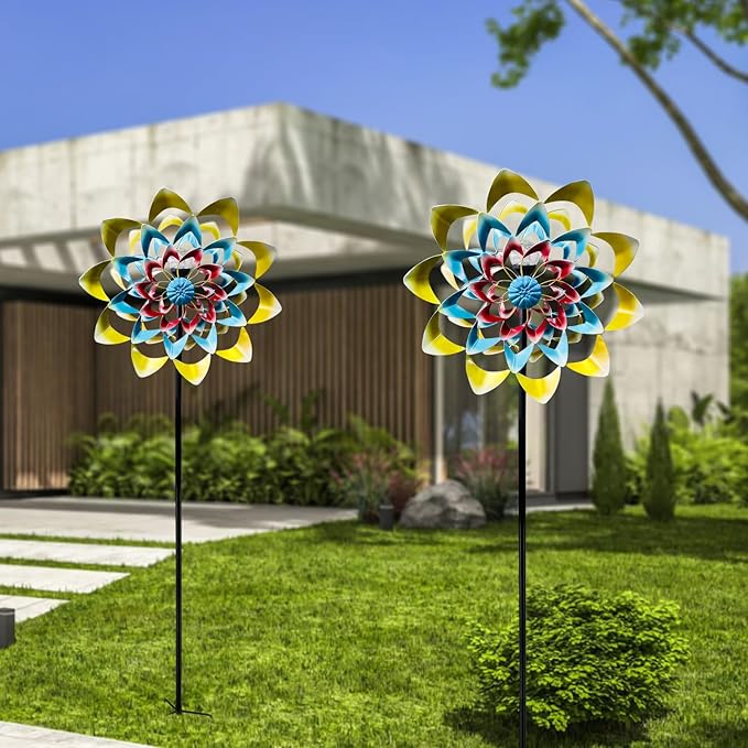 Outdoor Wind Spinner with Garden Stake 82.7" Metal Two-Way Wind Sculptures Solar Color Changing Lights Large Windmills for Garden,Patio,Yard,Lawn Decor Gifts Flower