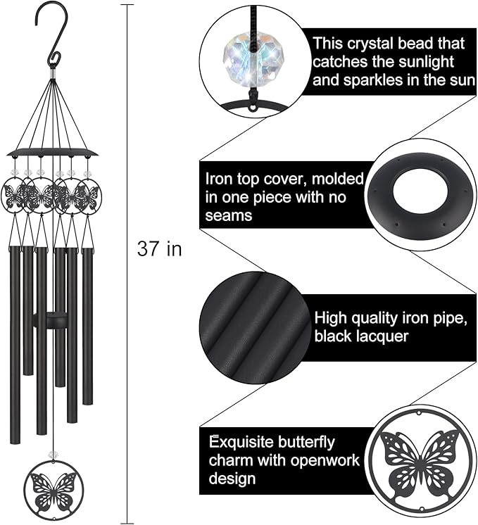 Butterfly Wind Chimes for Outside,Sympathy Garden Decor Gifts for Women Mom and Grandma,Christmas Windchime in Loving Memory Outdoor Decoration for Yard, Patio, Porch, Lawn, Landscape，Halloween