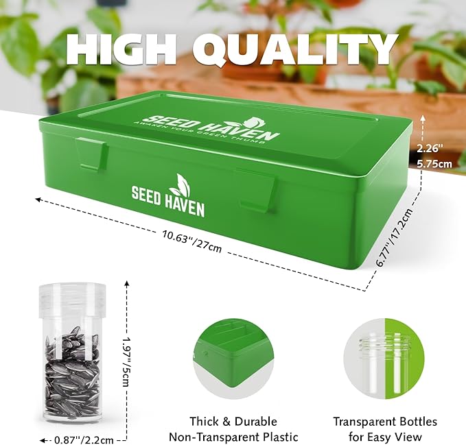 Seed Organizer Storage Box, Green Opaque Light Proof Seed Bank with 60 Transparent Bottles & Labels, Seed Holder Packet Organizer, Seed Vault Container for Homesteaders, Garden Tackle and Sorter