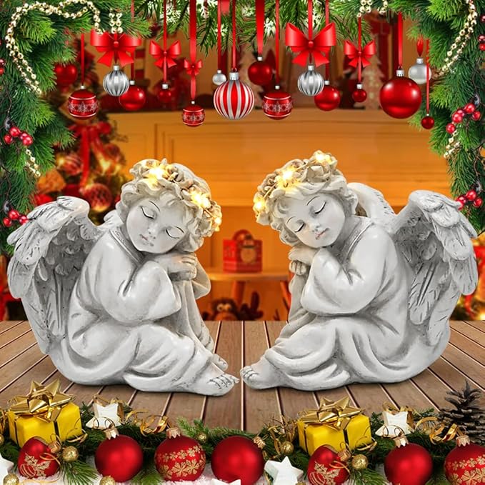 Angel Statue Garden Decor for Outside Solar Outdoor Decorations Patio Cherub Christmas Yard Porch Home Lawn Art Light up Figurine Memorial Sculpture Gift for Mom Mother Grandma