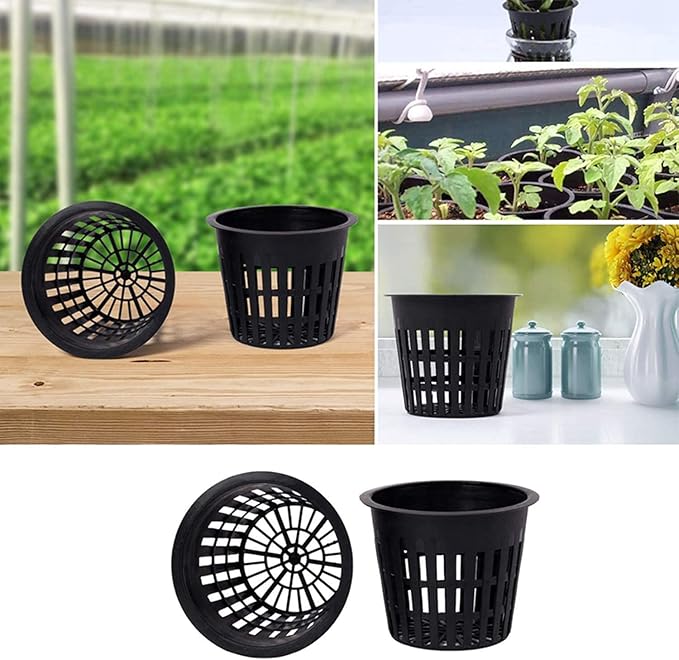 4 Inch Plastic Net Cups, Pots Plant Containers, for Hydroponics Aquaponics Orchids, 10 Pcs Black, with 20pcs Garden Tags.