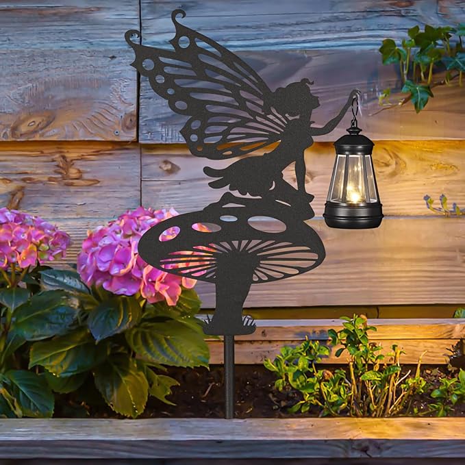 2Pack Solar Outdoor Garden Lights Stakes Solar Metal Flower Fairy Lawn Deco Statue Flower Fairy Patio Garden Decorative Stakes with Solar Lantern Christmas Birthday Gifts for Women Mom and Grandma