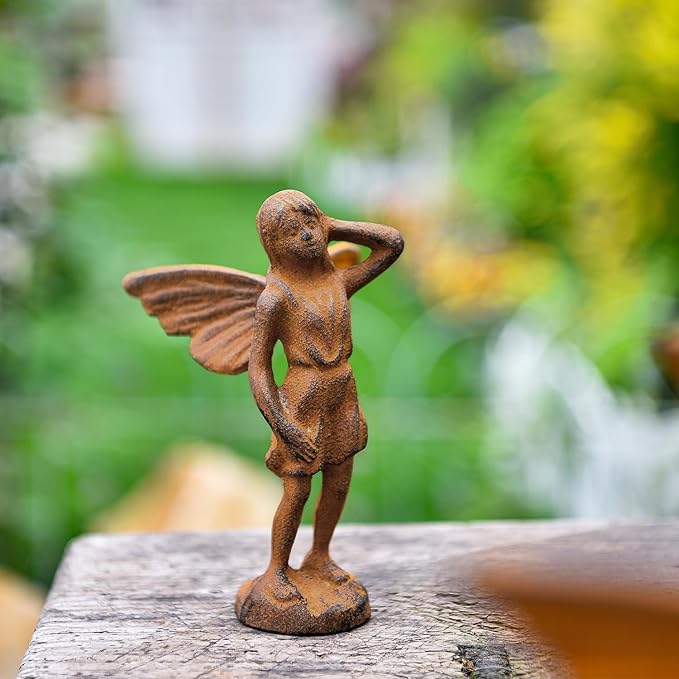Sungmor Cast Iron Garden Angel Statue, Set of 2 Rustic Brown Fairy Figurines, Creative Angel Pixie Collection Home Office Desk Decor, Indoor Outdoor Fairy Garden Accent Ornament