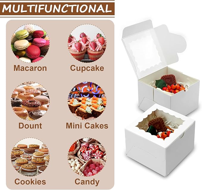 20pcs Cookie Boxes 4x4x2.5 Inch Bakery Boxes with Window Treat Box Dessert Box for Wedding Favors Party - White