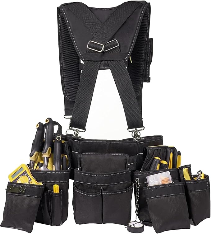 Tool Belt With Suspenders, Tool Belts for Men, 22 Pockets Tool Belt, Heavy Duty Tool Organizer for Framers Carpenter Electrician Construction Woodworker Yellow
