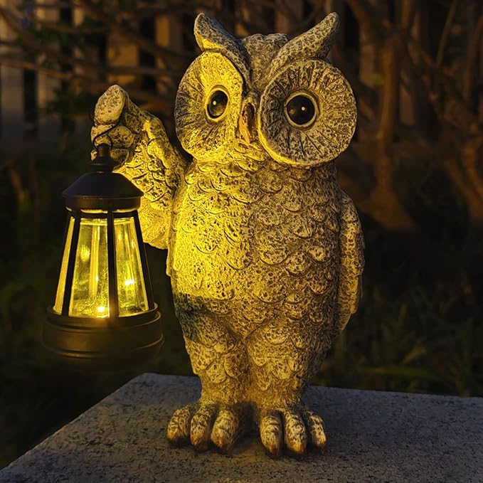 GUANFU Garden Statues, owl Outdoor Figurines Decorated with Solar Lights, Unique Christmas Birthday Gifts for Moms, Grandmas, Women, Wives, Sisters (Grey Owl1)
