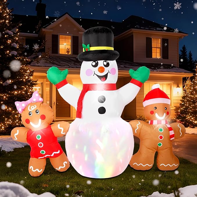 6FT Christmas Inflatables Decorations Outdoor，Blow Up Christmas Snowmen and Gingerbread Men with Built-in LEDs Lights for Indoor Holiday Party Yard Garden Lawn Décor