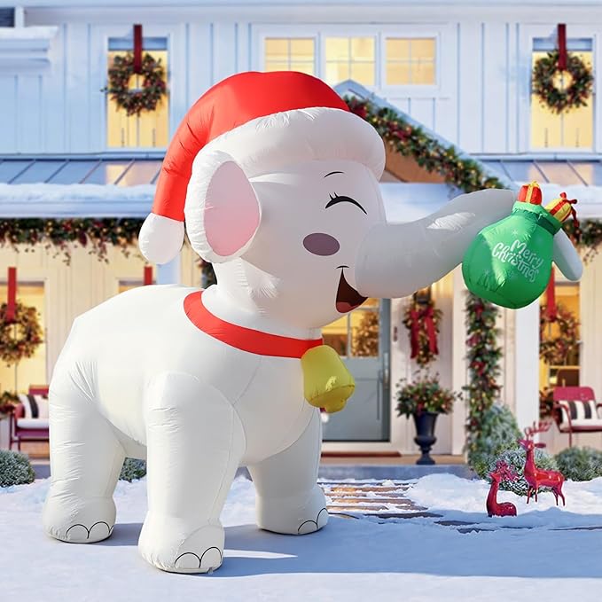 11FT Long Christmas Inflatables White Elephant with Gift Box, Christmas Blow Ups White Elephant Gift Exchange Theme Decoration, Built-in LEDs for Holiday Party Garden Lawn Yard Patio Outdoor