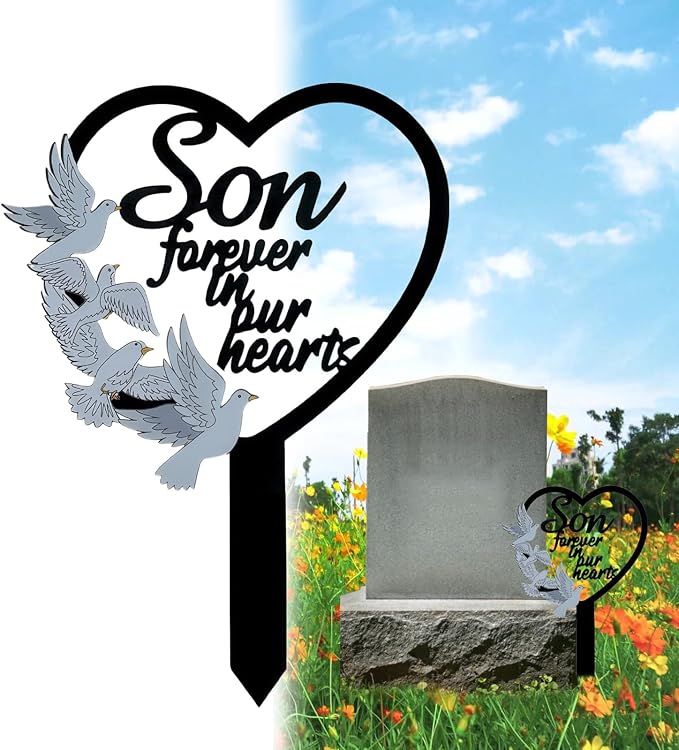 HPMAISON 11 inch Metal Son Memorial Stake Grave Decorations for Cemetery Gravesite Sympathy Markers Waterproof Memorial Gifts for Loss of Son Tombstones Plaque Outdoors Lawn Yard Decor