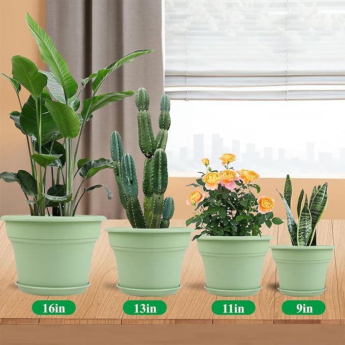 16 inch Plastic-Flower-Pot-for-Indoor-Plants, 4 Pack Large Outdoor Planter Pot with Drainage Holes & Saucers, Resin Decorative Garden Pots Planters